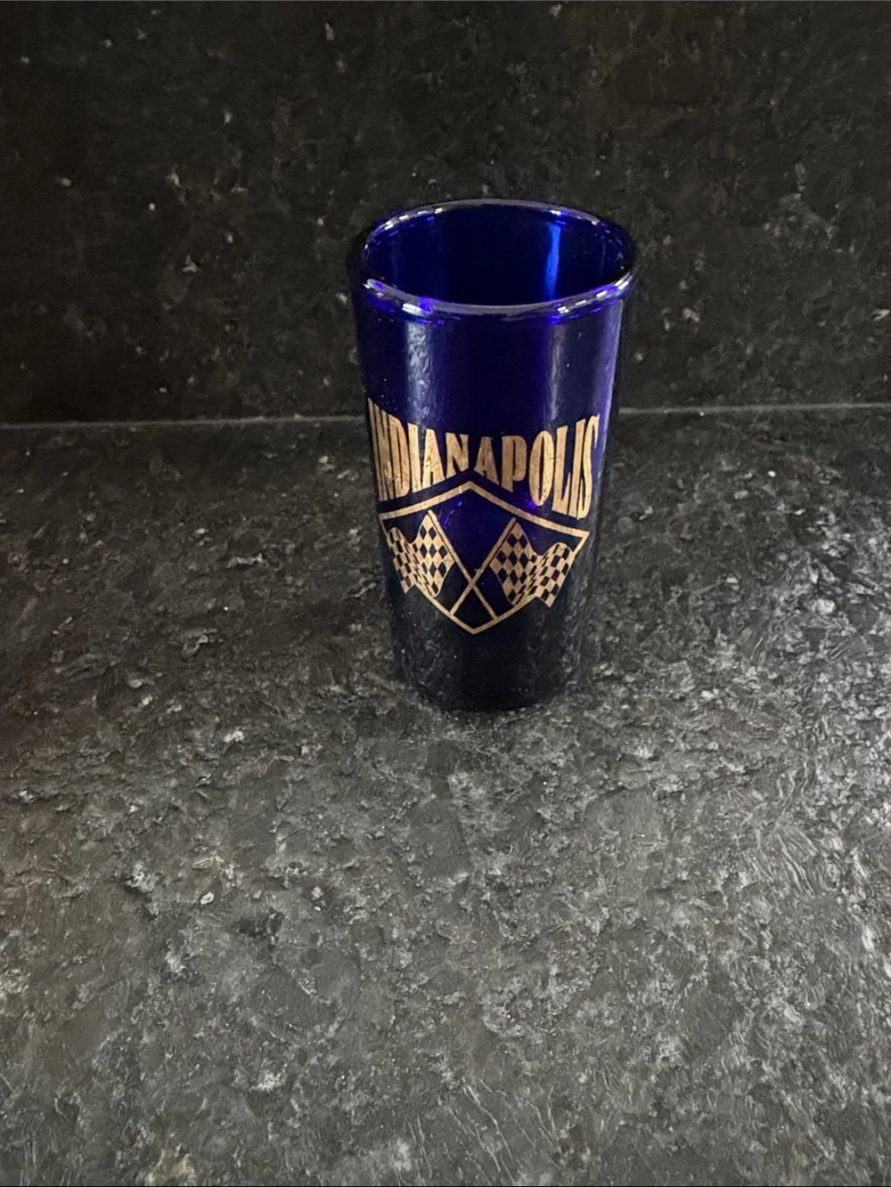 Indianapolis Cobalt Blue Glass Shot - Gold Racing Flag Accent